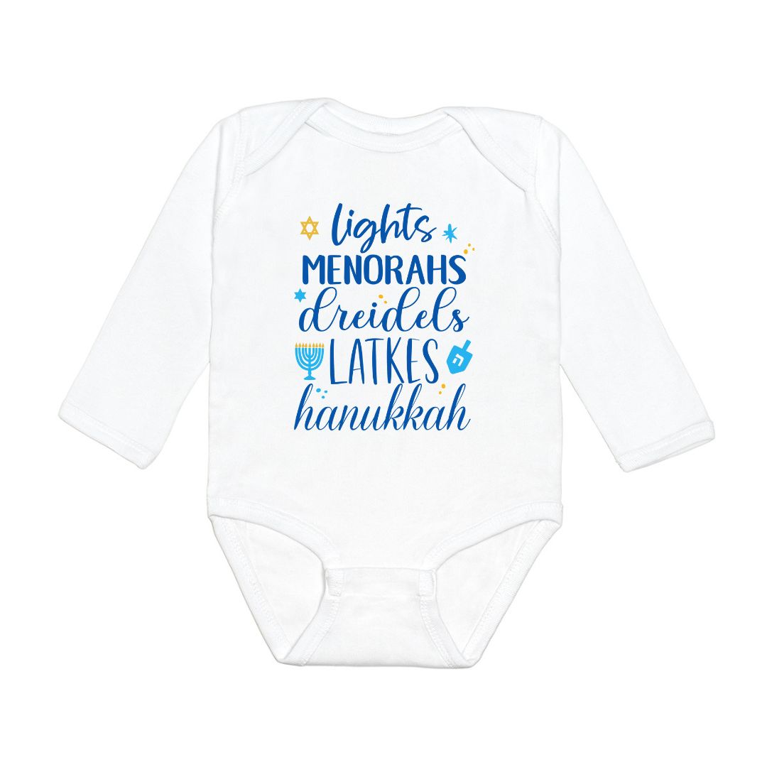 Hanukkah Fun Long Sleeve Bodysuit - White