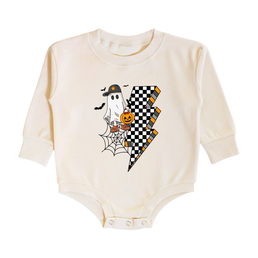 Checker Ghost Halloween Long Sleeve Romper - Natural