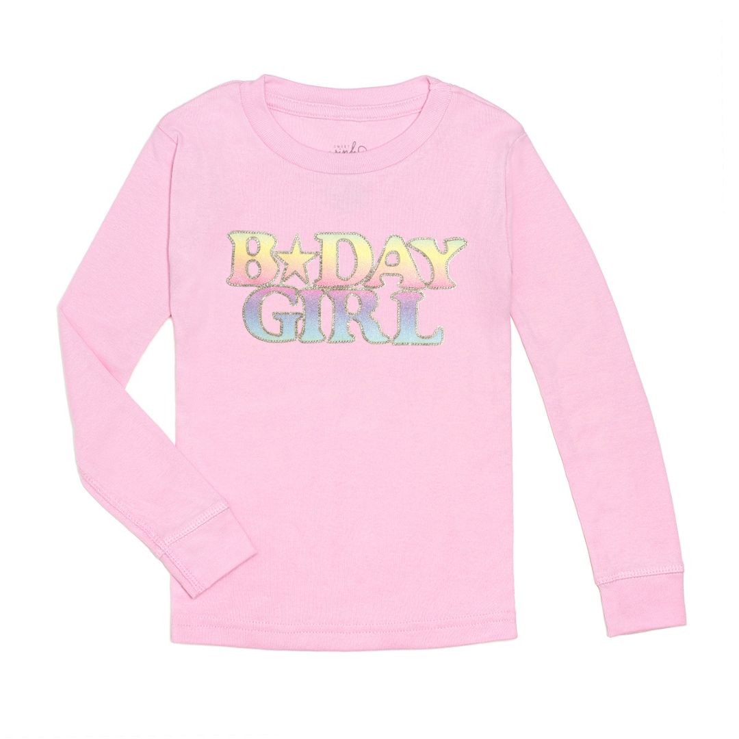 Pastel Rainbow BDay Girl Patch Long Sleeve Shirt - Pink