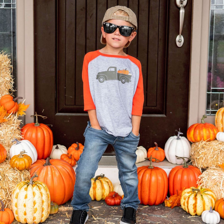 Retro Pumpkin Truck 3/4 Shirt - Heather/Orange