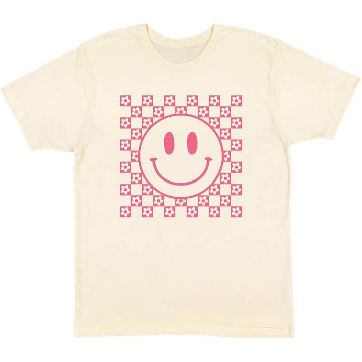 Pink Smiley Checker Adult Short Sleeve T-Shirt - Natural