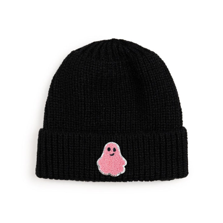 Pink Ghost Patch Halloween Beanie - Black
