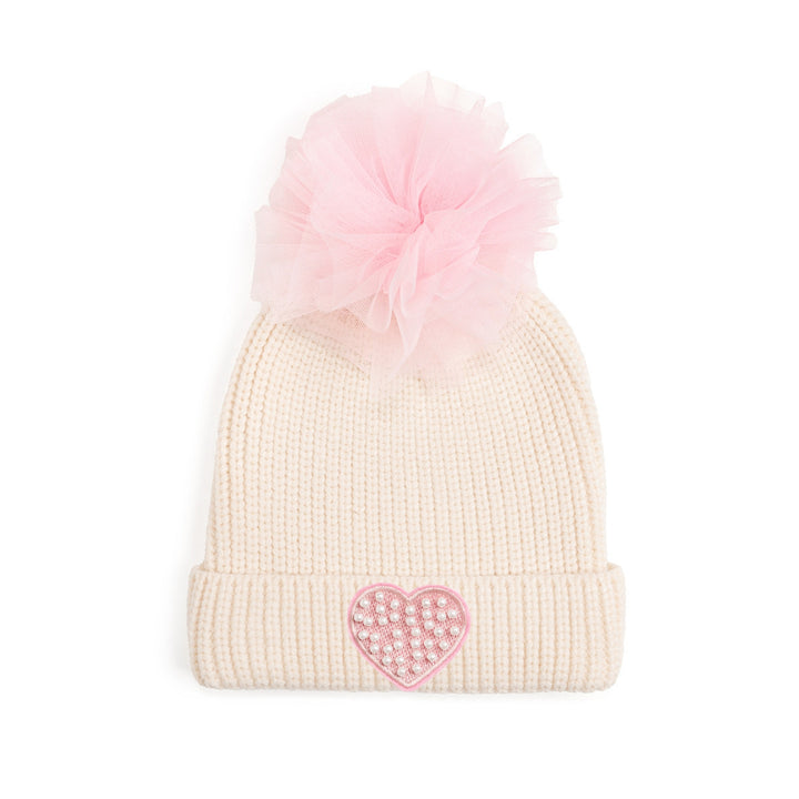 Pearl Heart Patch Pom Pom Beanie - Natural