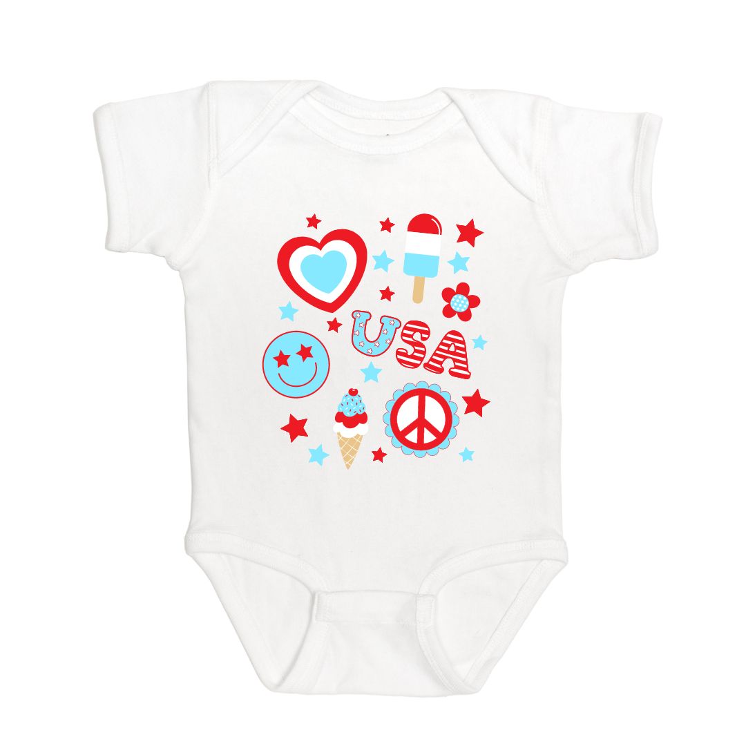 4th Of July Doodle Short Sleeve Bodysuit - White