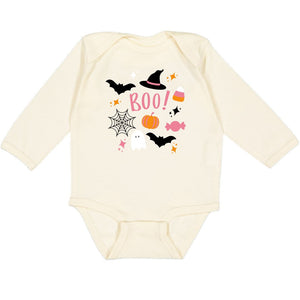Halloween Doodle Long Sleeve Bodysuit - Natural