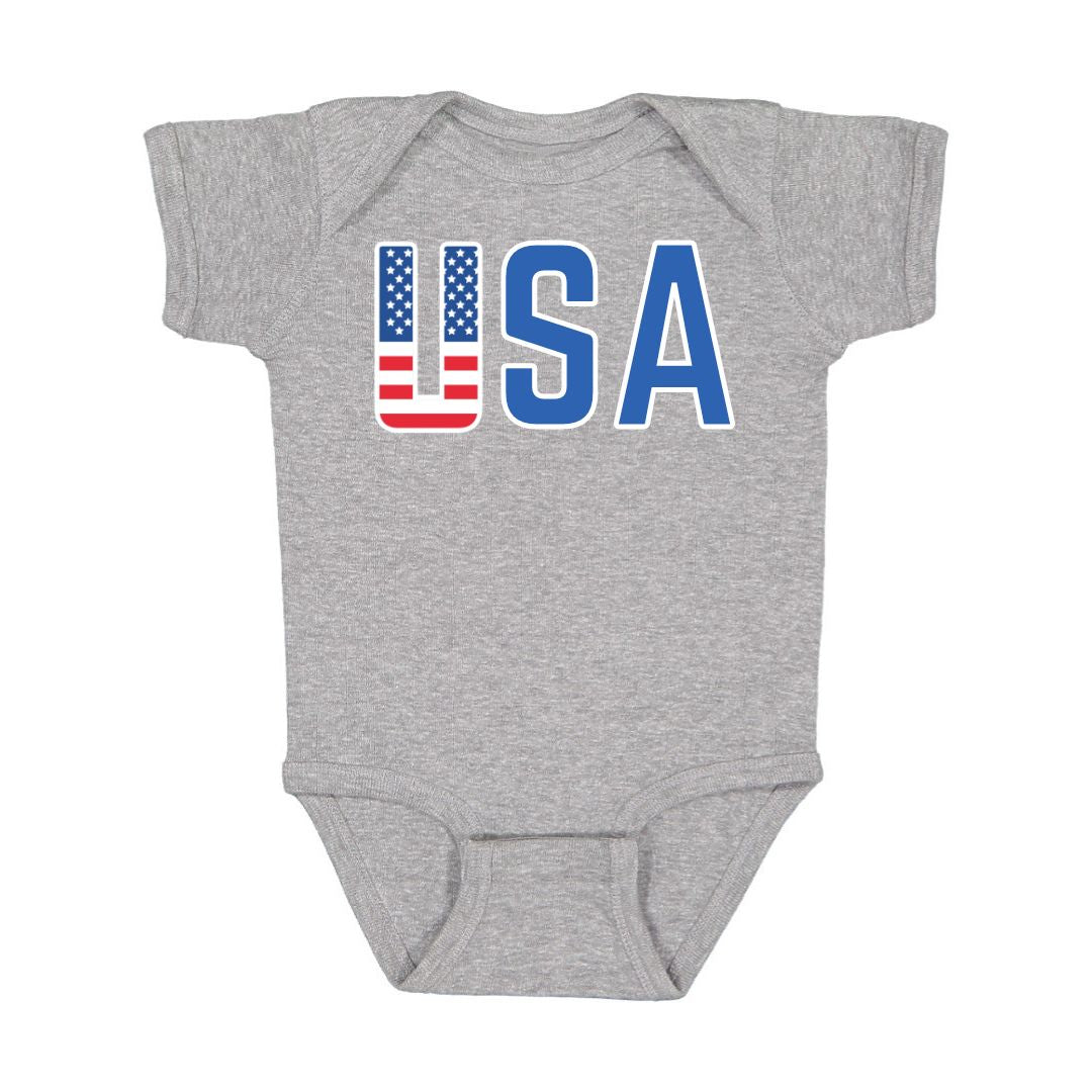 USA Flag Short Sleeve Bodysuit - Gray