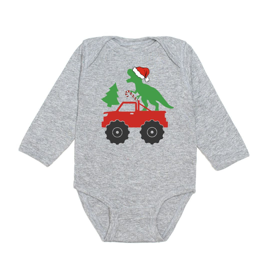 Santa Dino Monster Truck Christmas Long Sleeve Bodysuit - Gray