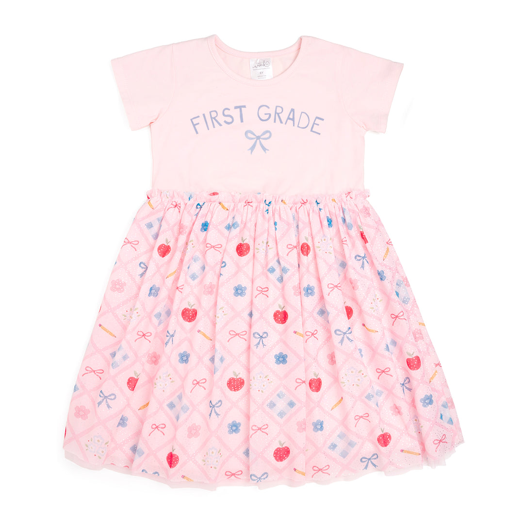 Back To School Trellis First Grade Short Sleeve Tutu Dress