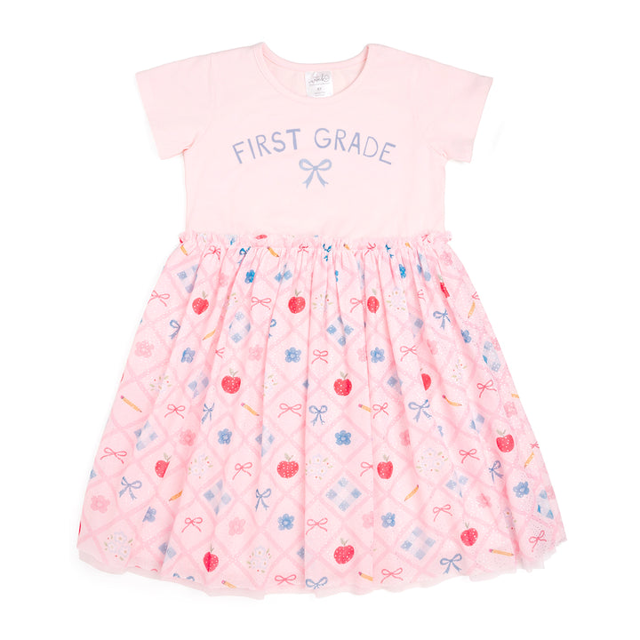 Back To School Trellis First Grade Short Sleeve Tutu Dress