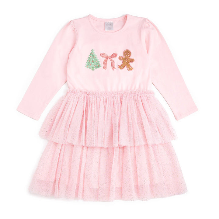 Gingerbread Embroidered Christmas Long Sleeve Tutu Dress