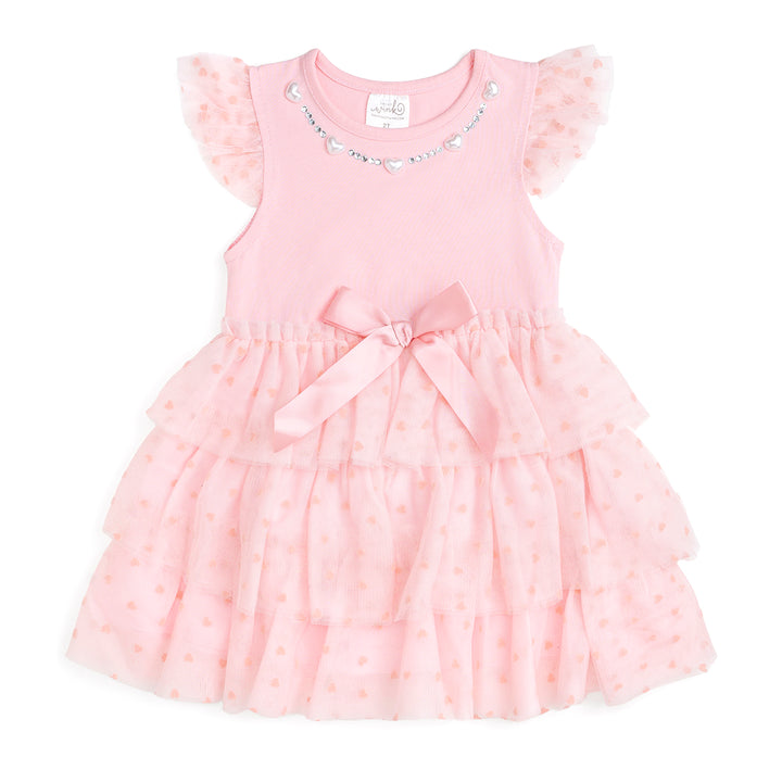 Flocked Heart Valentine's Day Tiered Short Sleeve Tutu Dress