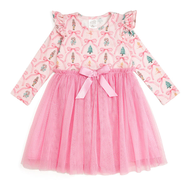 Sweet Wink Big Girls Nutcracker Trellis Christmas Long Sleeve Tutu Dress - Pink
