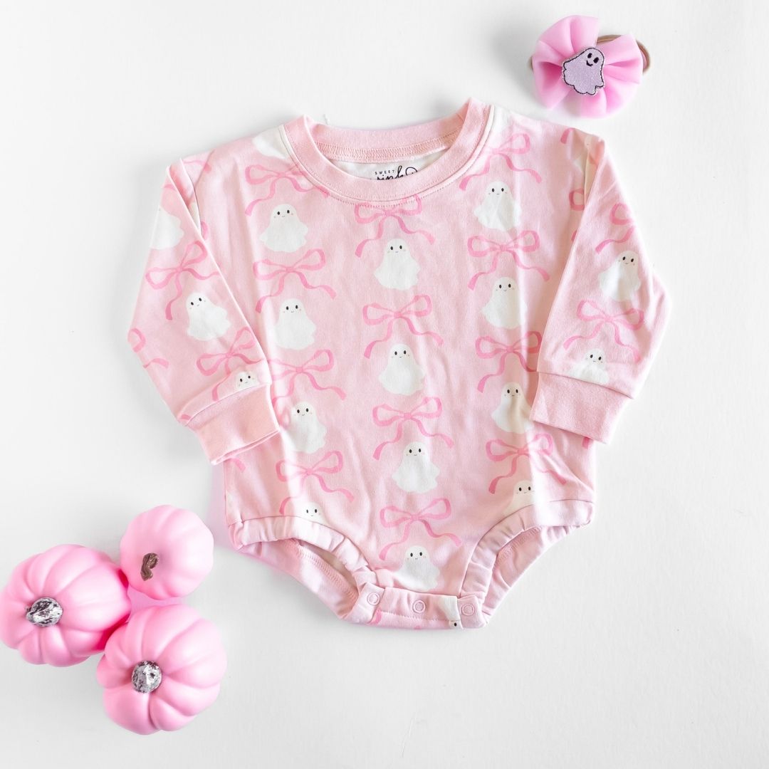 Coquette Ghost Halloween Long Sleeve Romper - Pink