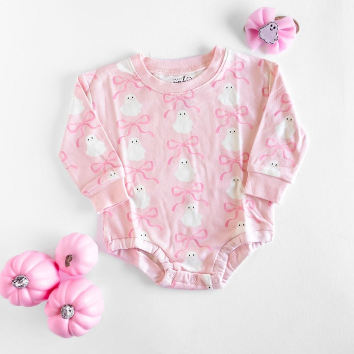 Coquette Ghost Halloween Long Sleeve Romper - Pink