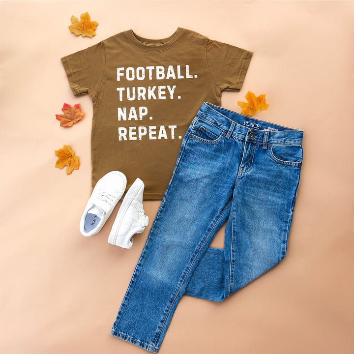 Football Turkey Nap Repeat Thanksgiving Short Sleeve T-Shirt - Mocha