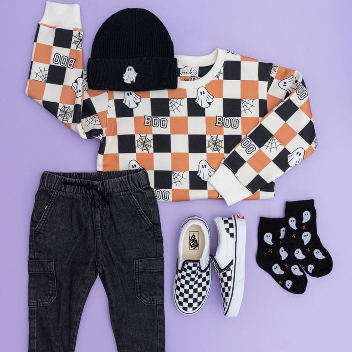 Boo Checkered Halloween Sweatshirt - Natural