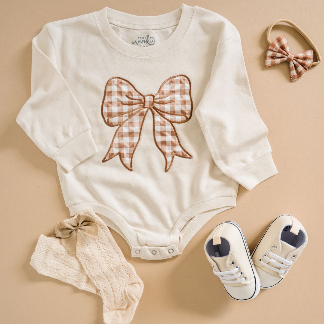 Gingham Bow Patch Long Sleeve Romper - Natural