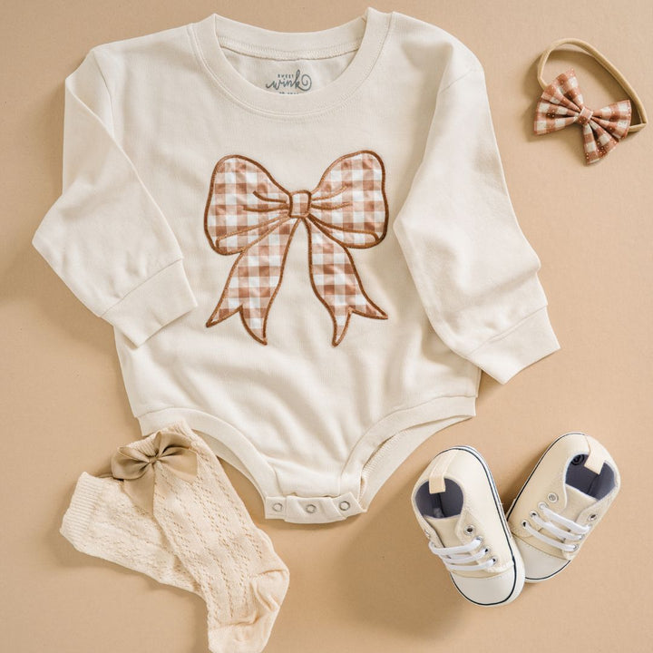 Gingham Bow Patch Long Sleeve Romper - Natural