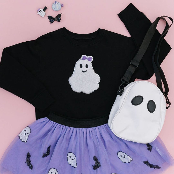 Girly Ghost Patch Halloween Sweatshirt - Black