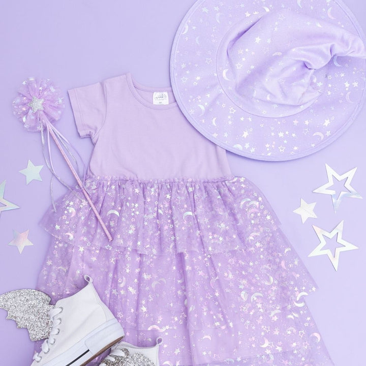 Lilac Star and Moon Halloween Short Sleeve Tutu Dress