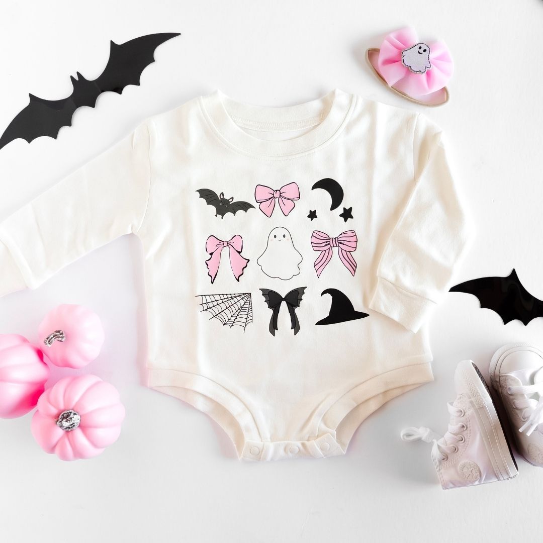 Spooky Coquette Halloween Long Sleeve Romper - White