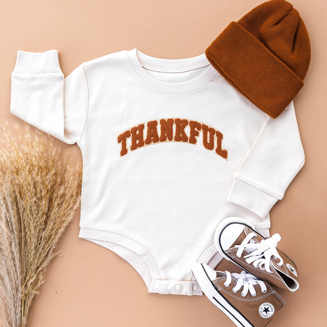 Thankful Patch Varsity Thanksgiving Long Sleeve Romper - Natural
