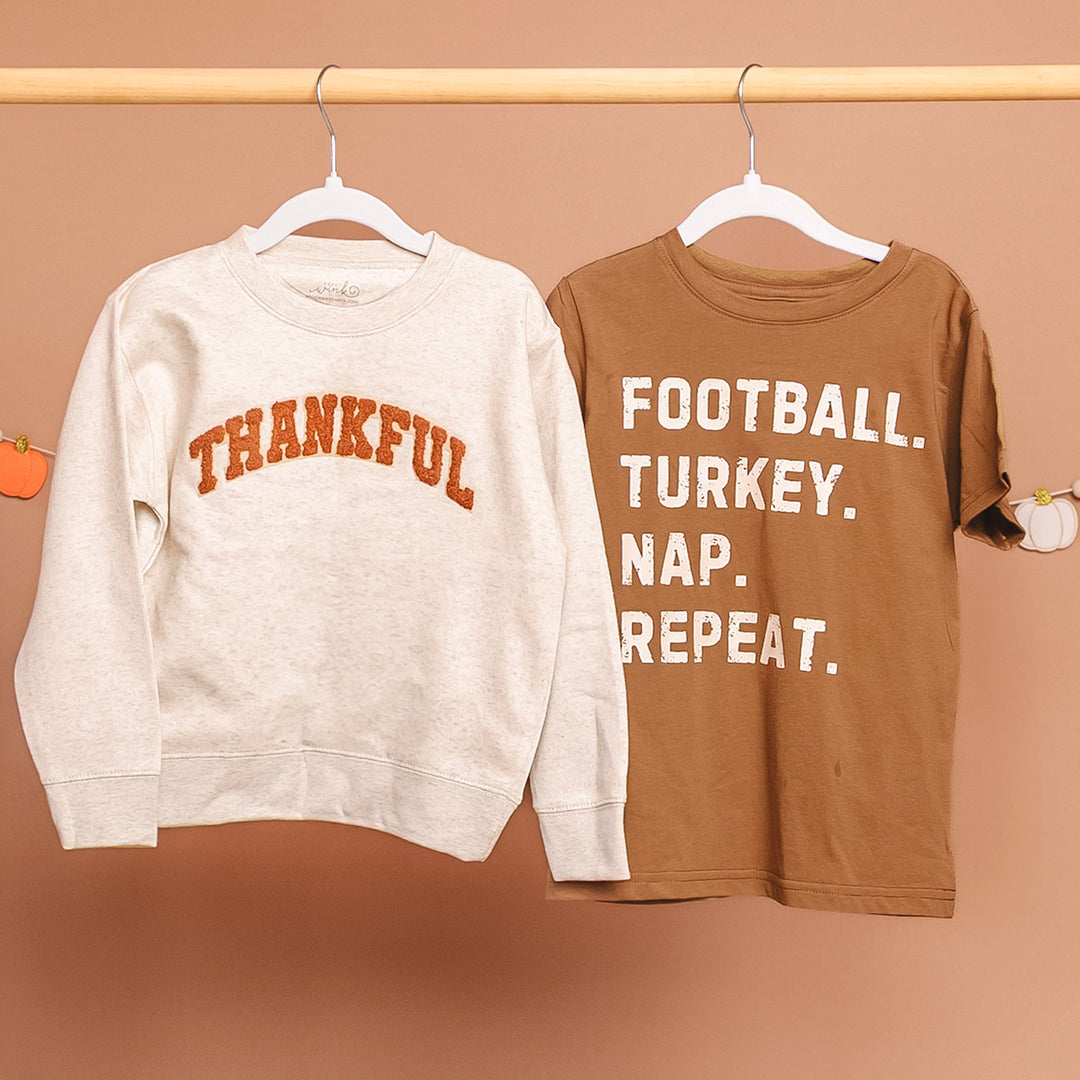 Thankful Patch Varsity Thanksgiving Sweatshirt - Natural
