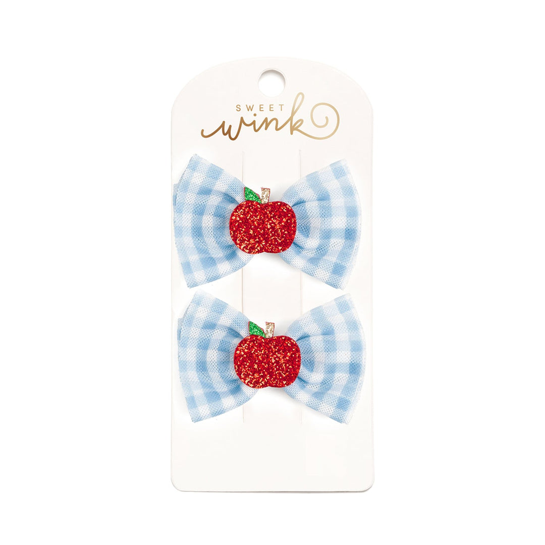 Apple Gingham Tulle Bow Clip Set