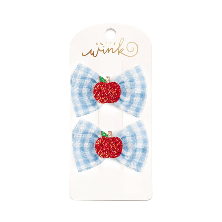 Apple Gingham Tulle Bow Clip Set