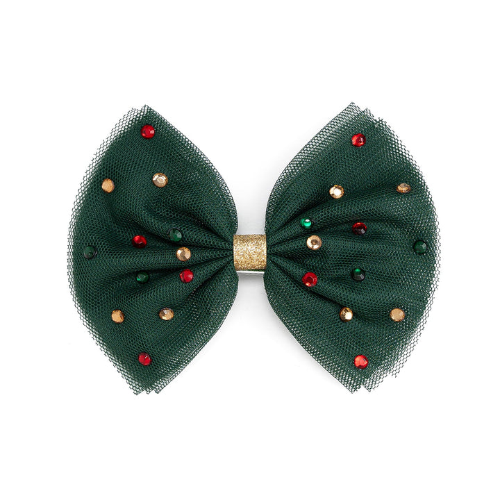 Emerald Rhinestone Christmas Tulle Bow Clip