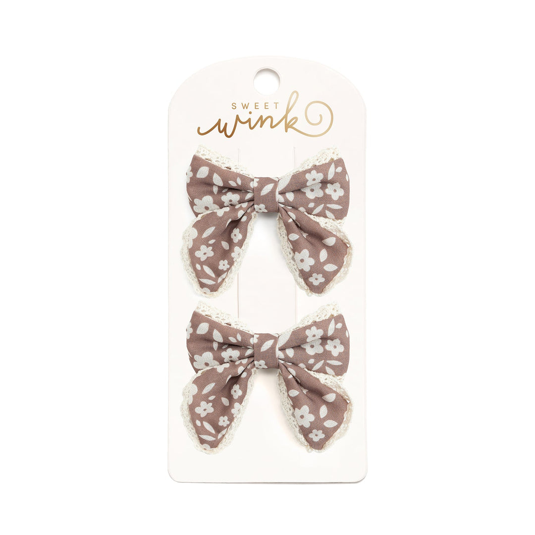 Mocha Floral Lace Bow Clip Set