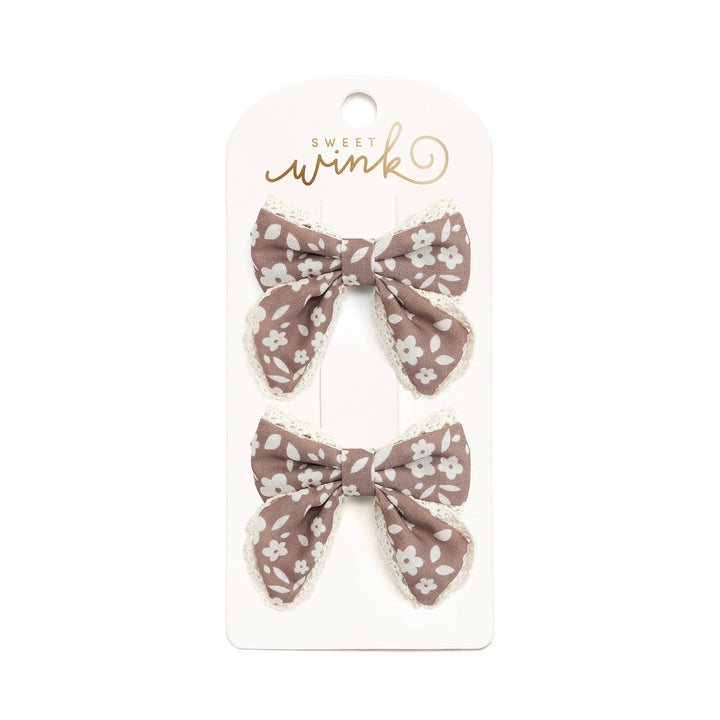 Mocha Floral Lace Bow Clip Set