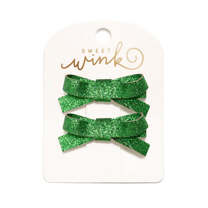 Green Glitter Bow Clip Set