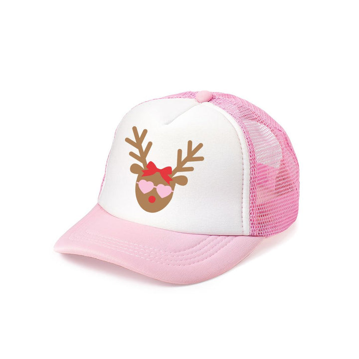 Girly Reindeer Christmas Trucker Hat - Pink/White