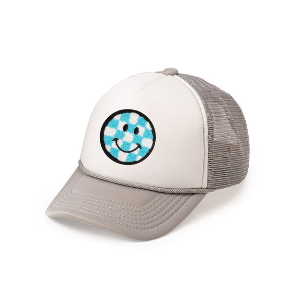 Smiley Checker Patch Trucker Hat - Gray/White