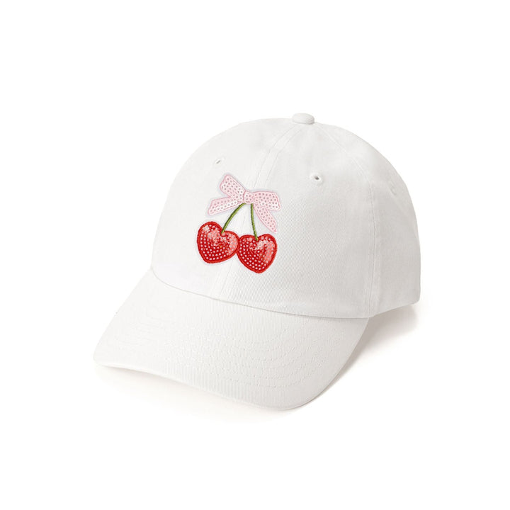 Cherry Sequin Patch Baseball Hat - White