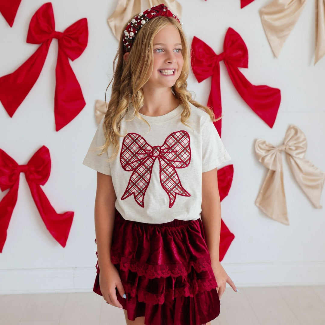 Christmas Plaid Bow Patch Short Sleeve T-Shirt