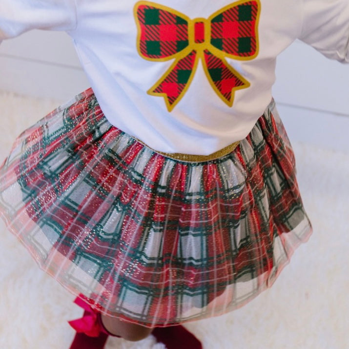 Christmas Plaid Bow Long Sleeve Shirt - White