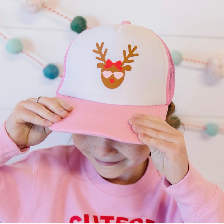 Girly Reindeer Christmas Trucker Hat - Pink/White