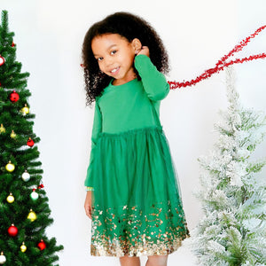 Emerald Sequin Christmas Long Sleeve Tutu Dress