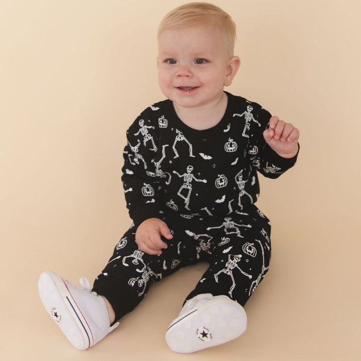 Glow In The Dark Silly Skelly Halloween Long Sleeve Romper & Jogger Set