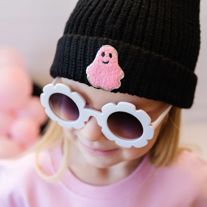 Pink Ghost Patch Halloween Beanie - Black