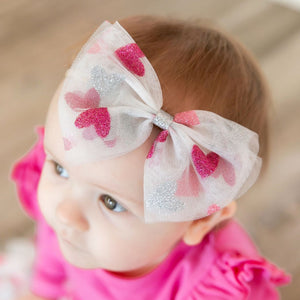 Glitter Heart Tulle Bow Baby Headband