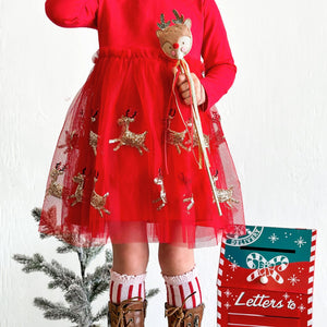 Reindeer Sequin Christmas Long Sleeve Tutu Dress
