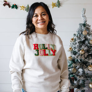 Holly Jolly Patch Christmas Adult Sweatshirt - Natural