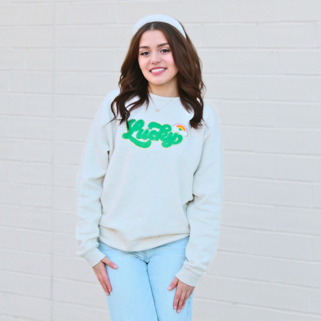 Lucky Rainbow Patch St. Patrick's Day Adult Sweatshirt - Natural