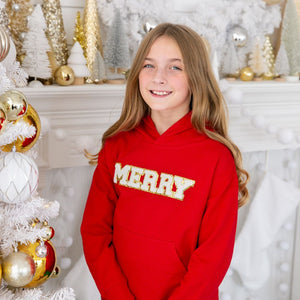 Merry Patch Christmas Youth Hoodie - Red