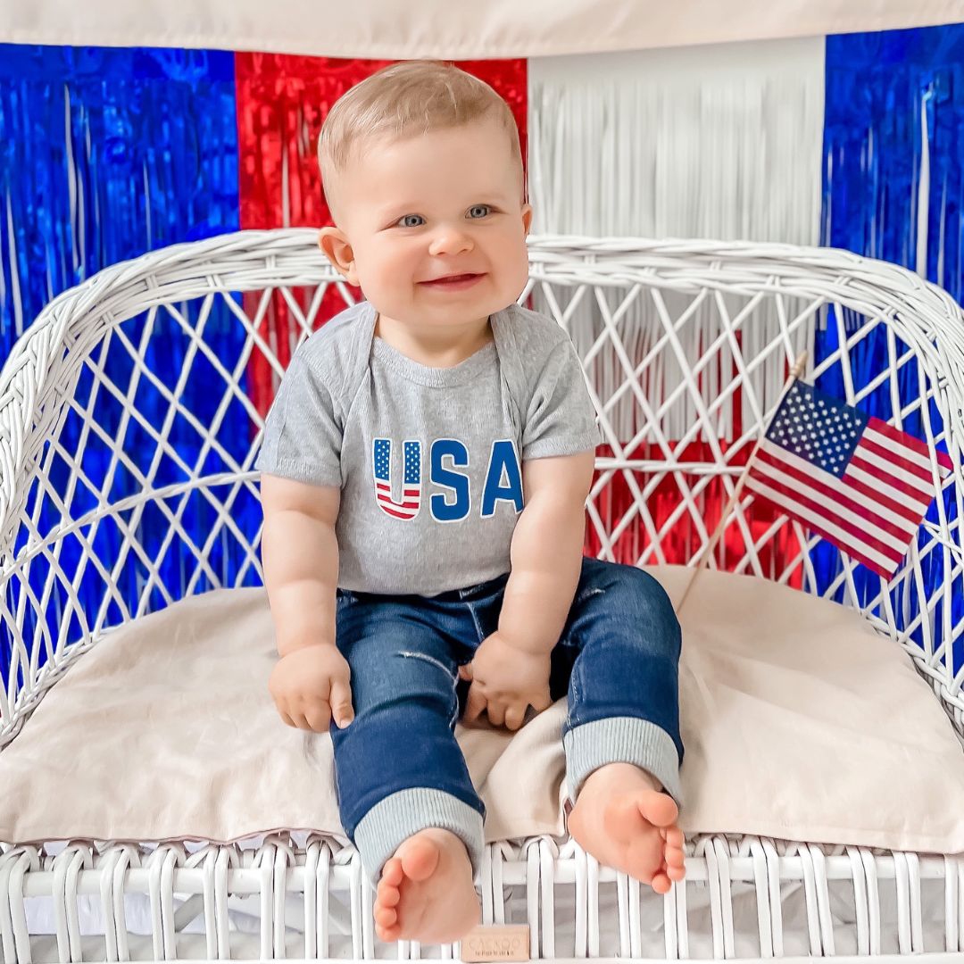 USA Flag Short Sleeve Bodysuit - Gray