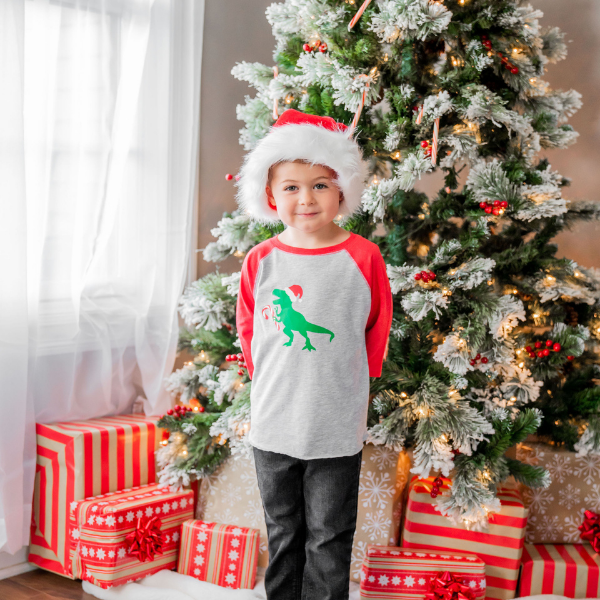 Santa Dino Christmas 3/4 Shirt - Heather/Red