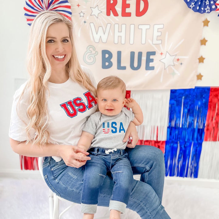 USA Flag Short Sleeve Bodysuit - Gray